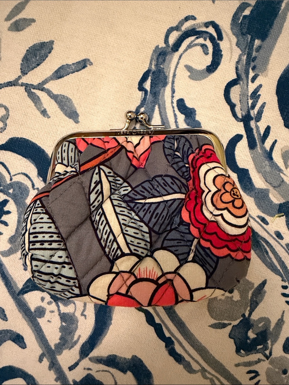 Vera Bradley Quilted Floral Coin Purse - Gray & Coral